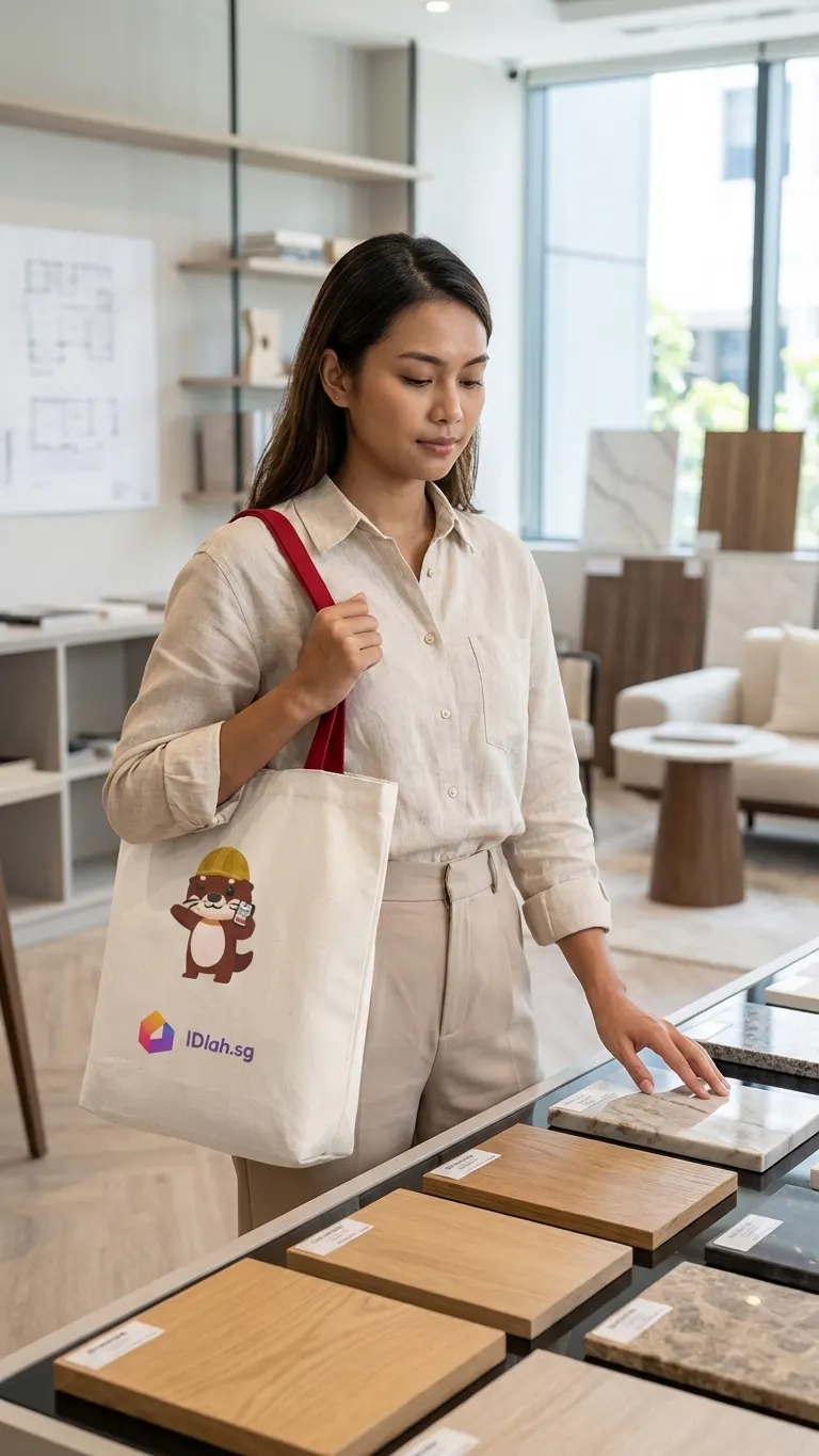 Homeowner browsing material samples with the Reno Fiesta tote